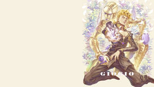 Giorno 和 Ghiaccio 以動漫風格，身穿金色盔甲和紫色點綴，置身於花卉藤蔓中。
