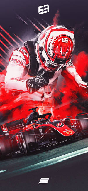 身穿紅白裝備的F1車手傾身入彎，伴隨紅色煙霧。 — Galaxy S24 壁紙
