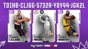 來自 MyTeam NBA 2K19 的三張 NBA 球員卡，展示 Damian Lillard、George Mikan 和 James Worthy。
