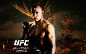 UFC次中量級冠軍，帶有發光的金色光環和熾熱的背景。