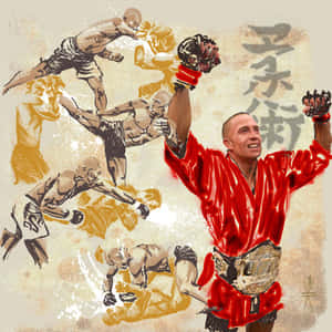 身穿紅色長袍的MMA拳手高舉冠軍腰帶慶祝勝利。