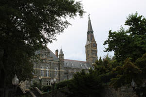 歷史悠久的石造大學建築，鐘樓在陰天被樹木環繞。