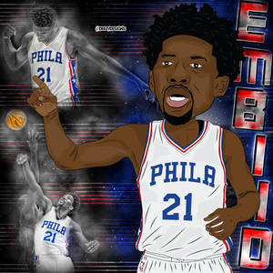 Joel Embiid 身穿費城76人球衣，宇宙背景和動作姿勢。