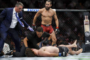 MMA八角籠中倒下的拳手，裁判檢查脈搏，對手站立。