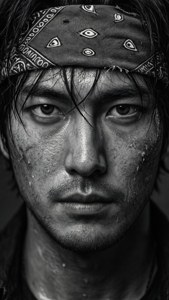 一個汗流浹背的男人戴著圖案頭巾，強烈地看著鏡頭的特寫。