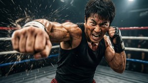 一個拳擊手在擂台上出拳，汗水在他周圍飛濺。
