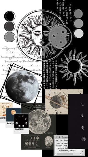 以月亮盈虧、太陽插圖和手寫筆記為特色的天體主題拼貼畫。 — 唯美月亮動圖 壁紙