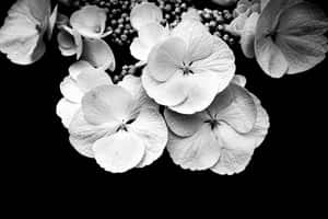 黑白花卉佈置，以繡球花為特色，花瓣紋理細緻。 — 唯美花朵動圖 壁紙