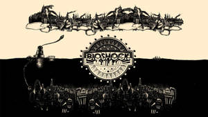 Bioshock標誌與沉沒和浮空城市景觀的黑白插圖。
