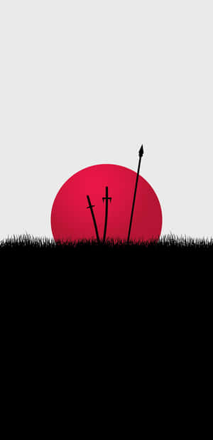 三把長矛和劍在黑暗草地上以紅色太陽為背景的剪影。 — 純色 壁紙