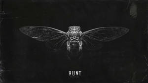 一隻帶有透明翅膀的蟬的特寫，背景為深色帶紋理，並帶有單詞 HUNT。 — 火影忍者海報 壁紙