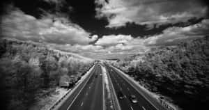 一條黑白高速公路兩旁是森林，車輛在多雲的天空下行駛。