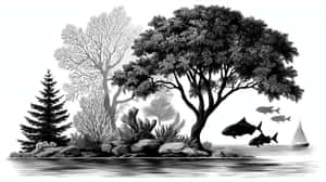 一幅黑白插圖，描繪岩石島上的樹木，水中有魚和帆船。