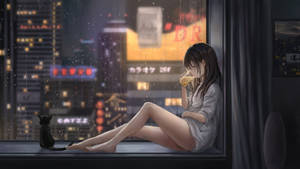 女人和貓在窗台上喝茶，欣賞雨夜城市景色
