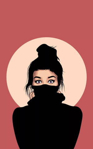 一位紫色眼睛的女性戴著黑色面罩，背景為玫瑰色。