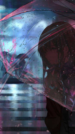 動漫女孩在黃昏的雨城中拿著透明雨傘。 — 黃昏 壁紙
