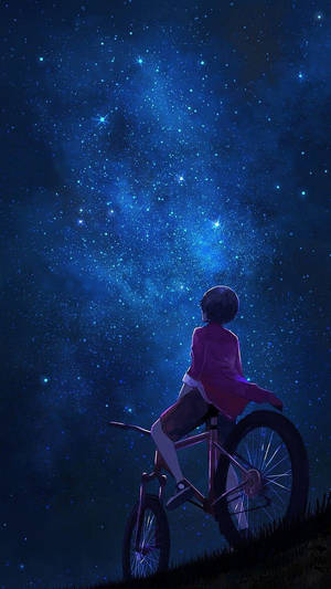 動漫女孩在單車上仰望星空 — 暗色 壁紙