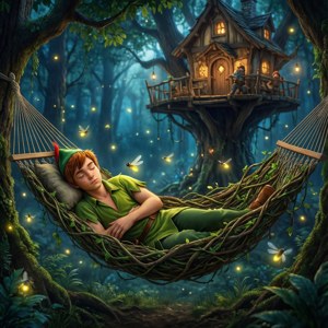 一個男孩在夜晚的魔法森林中，在發光的樹屋下的藤蔓吊床上睡著。 — 小飛俠 壁紙