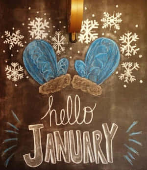 藍色手套同雪花嘅粉筆藝術，附有 hello JANUARY 訊息。 — 鬱金香 壁紙