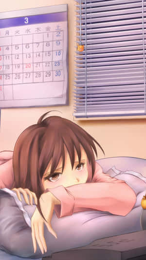 動漫女孩在窗邊床上休息，旁邊有日曆 — 動漫女孩 壁紙