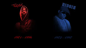 Tupac 和 Biggie 的肖像，出生和死亡年份以紅色和藍色顯示。