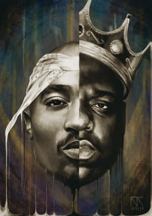 Tupac Shakur 的分割肖像，戴頭巾和皇冠，帶有滴落油漆效果。