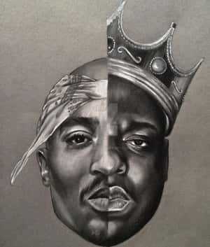 Tupac Shakur 以頭巾和皇冠分割的木炭肖像。