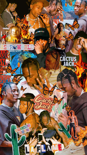 Travis Scott 拼貼畫，包含蝴蝶、仙人掌和火焰。