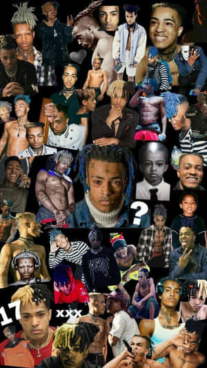 XXXTentacion 在不同姿勢和服裝中的拼貼畫，帶有紋身和彩色頭髮。