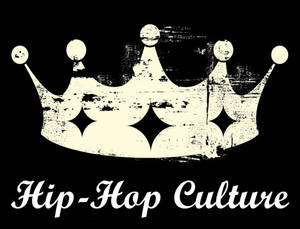 一個 grungy 奶油色皇冠，帶有鑽石形狀和 'Hip-Hop Culture' 文字，背景為黑色。