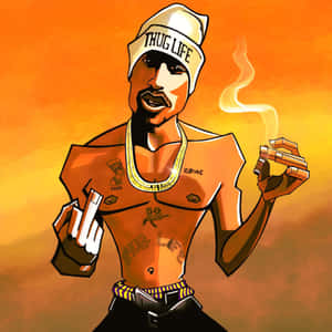 2Pac戴著'Thug Life'冷帽和金鏈，在橙色日落背景下抽雪茄。