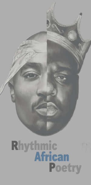 Tupac Shakur 戴頭巾和皇冠的分割肖像，文字為節奏感非洲詩歌。