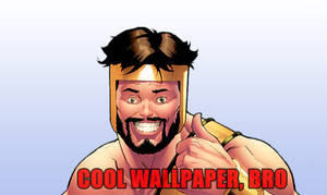 卡通男人戴金色頭盔豎起大拇指，紅色文字 cool wallpaper bro