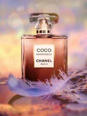 Chanel Coco Mademoiselle 香水瓶，帶有紫色羽毛，置於反光表面上。