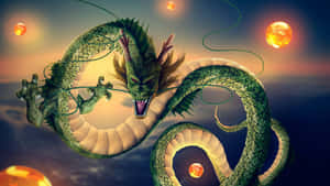 一條綠色龍在暮色天空中帶著發光的球體。 — 龍 壁紙
