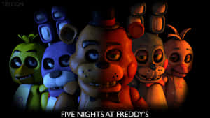 在黑暗環境中來自《Five Nights at Freddy's》的五個電子動畫角色。