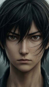 擁有強烈棕色眼睛和凌亂黑髮的動漫男性直視觀眾。