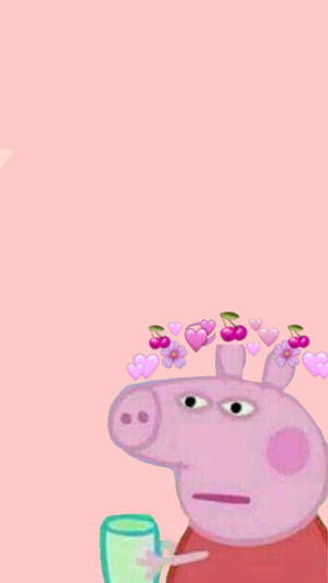 Peppa Pig 頭頂上方有櫻桃和心形圖案，背景為粉紅色。