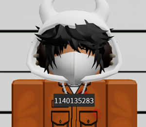 Roblox角色，身穿橙色連身衣和白色有角連帽衫，ID號碼1140135283。