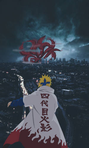 動漫忍者夜晚在城市上空面對巨型紅狐