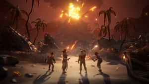 四位冒險家在黃昏時分的熱帶海灘上觀看火山爆發。 — Xbox GIF 壁紙
