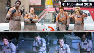 Ghostbusters團隊身穿橙色條紋制服同Ecto-1車一齊擺甫士。 — 鬼 Rider 壁紙