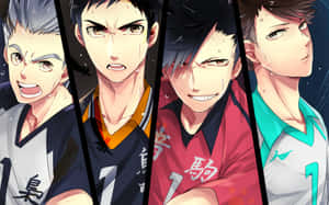 四位身穿隊服的動漫排球運動員，表情堅定並流汗。 — 2880x1800 壁紙
