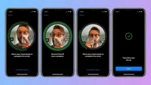 四個 iPhone 螢幕顯示 Face ID 設定，一名男子在鼻子上使用紙巾。 — iPhone 鎖定畫面 GIF 壁紙