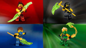 四個 LEGO Ninjago 忍者人偶，每個都拿著發光的綠色武器，背景色彩繽紛。 — 忍者 壁紙