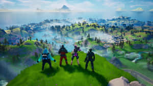 四個Fortnite玩家在日落時分從一個長滿草的懸崖上眺望風景如畫的島嶼景觀。 — Xbox GIF 壁紙