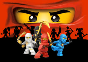 手持武器的LEGO Ninjago忍者面對一個巨大的蒙面反派剪影。 — 動漫打鬥 壁紙