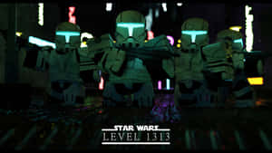 LEGO Star Wars 複製人兵團在夜晚霓虹城市中手持爆能槍。 — 最黑暗地牢 壁紙