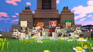 四個Minecraft角色騎馬在城堡前，雛菊和多彩天空。 — 我的世界 壁紙
