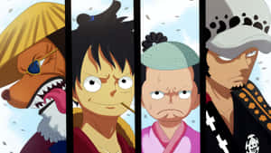 四個來自《One Piece》的堅定動漫角色垂直排列。 — 伊之助 GIF 壁紙